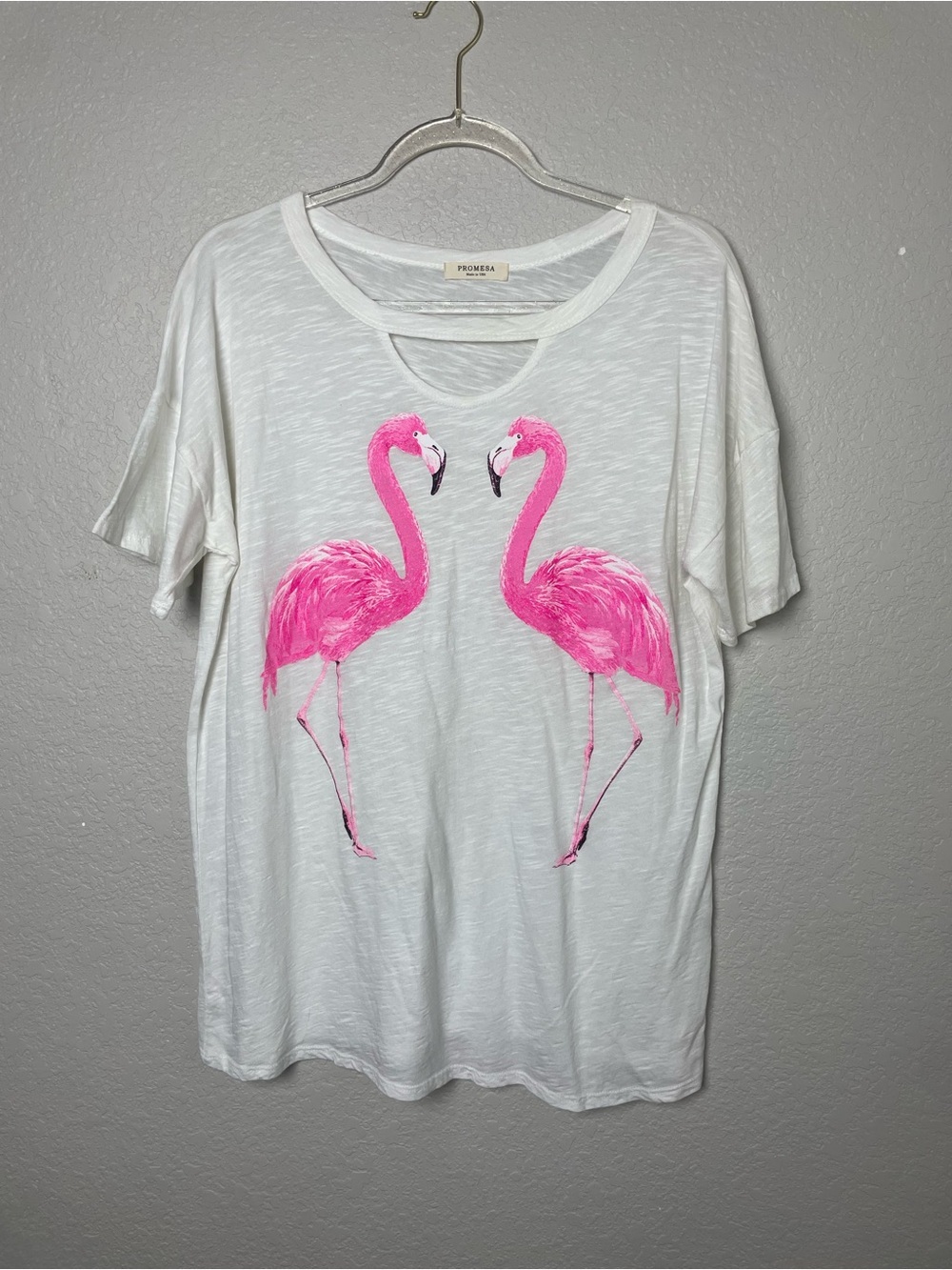 Promesa Modal Blend White Tee with Pink Flamingo Pair Size L